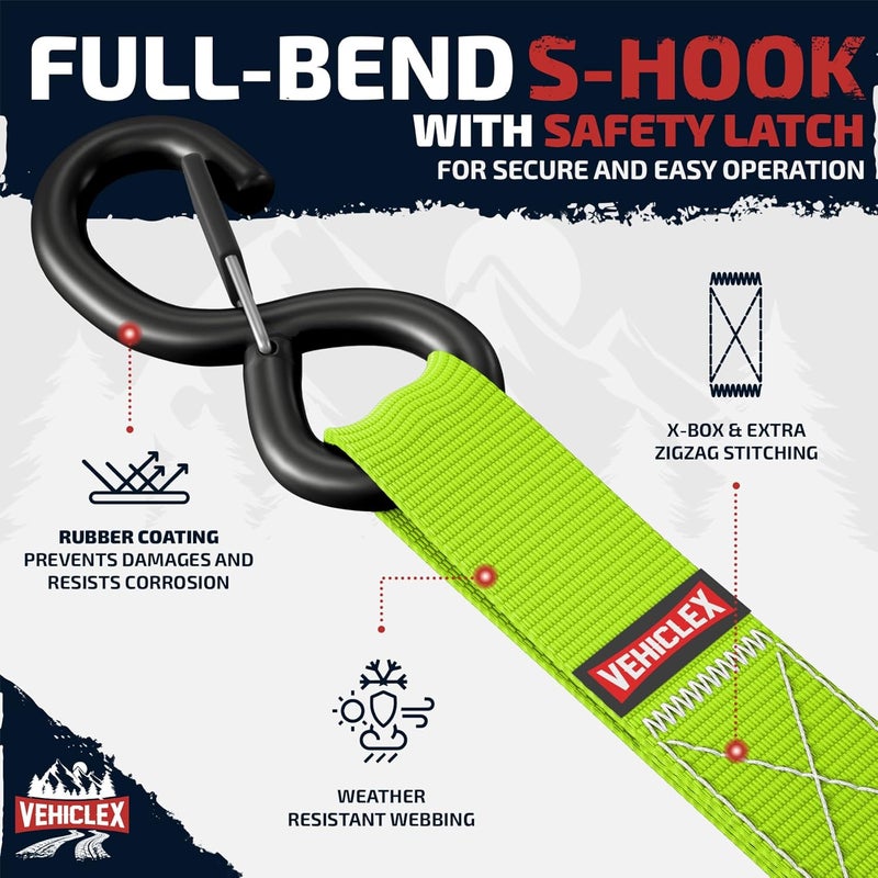 Vehiclex Ratchet Tie-Down Straps Set - (1" x 15', 2200lbs Breaking Strength) - Soft Loops, Coated S-Hooks, Storage Bag for ATV, Motorcycle, Bicycle, Kayak, Cargo Securing, Green - Image 3